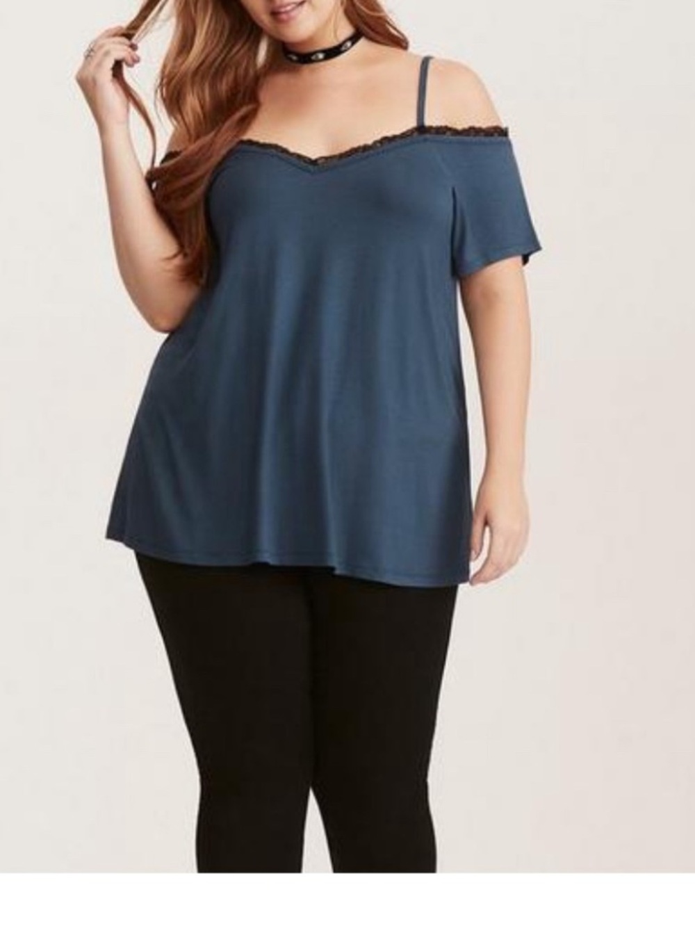 Torrid 00 Super Soft Knits Black Lace Cold Shoulder Blue Top Shirt Women’s